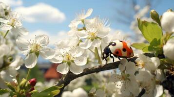 ai generato avvicinamento coccinella su colorato fiore con copia spazio per testo o grafica, macro fotografia tiro foto