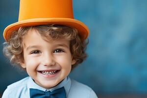 ai generato sorridente poco ragazzo indossare un' elegante cappello e completo da uomo, guardare a il telecamera su blu sfondo foto