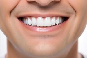 ai generato uomo con sbalorditivo Sorridi e bianco come la neve denti - dentale imbiancamento concetto. odontoiatria e dentale Salute foto