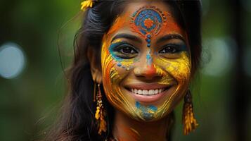 ai generato sorridente facce con colorato trucco nel culturale tradizione su sfocato sfondo foto