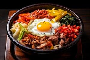 ai generato salato bibimbap. acquolina in bocca Sud coreano riso diletto con fresco verdure e salato carne foto