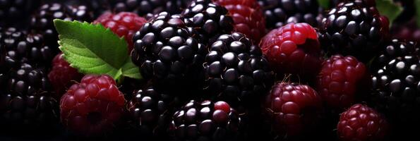 ai generato delizioso mirtilli - vivace sfondo bandiera illustrare fresco e succoso Boysenberry frutta foto