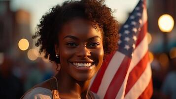 ai generato sorridente africano americano nero donna Tenere Stati Uniti d'America bandiera festeggiare indipendenza giorno nel patriottico spirito foto