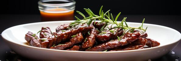 ai generato fritte carne pezzi con speziato chili salsa e rosmarino. bandiera foto