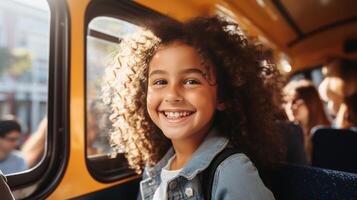 ai generato contento studenti imbarco giallo scuola autobus per indietro per scuola stagione foto