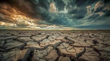 ai generato un' vasto paesaggio di secco Cracked terra sotto un' drammatico nuvoloso cielo foto