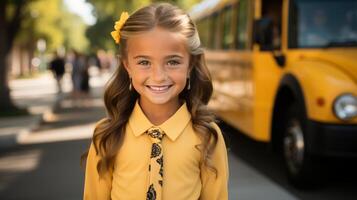 ai generato allegro scolara sorridente mentre imbarco scuola autobus per ritorno per scuola per il nuovo accademico anno foto
