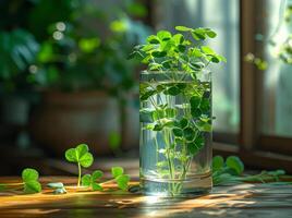 ai generato crescione nel bicchiere e verde impianti su di legno tavolo foto