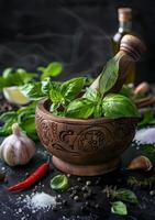 ai generato fresco verde basilico nel mortaio con pestello aglio spezie e oliva olio su buio sfondo foto