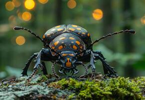 ai generato grande nero e arancia scarafaggio striscia al di sopra di muschioso log nel foresta. foto