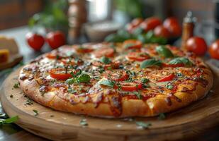 ai generato delizioso fatti in casa Pizza con pomodori formaggio e basilico foto