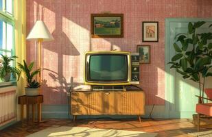ai generato retrò tv e Vintage ▾ mobilia nel il vivente camera foto