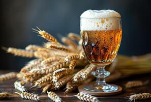 ai generato bicchiere di birra con Grano su il di legno tavolo foto