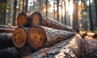 ai generato log tronchi mucchio il registrazione legname foresta legna industria. largo bandiera o panorama di di legno tronchi foto