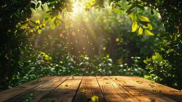 ai generato un' di legno tavolo superiore impostato contro un' lussureggiante giardino fondale bagnata nel caldo luce del sole filtraggio attraverso il le foglie. foto