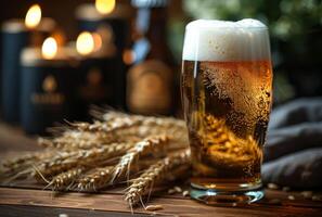 ai generato bicchiere di freddo leggero birra con Grano su il di legno tavolo foto