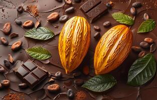 ai generato cacao fagioli cacao frutta cioccolato pezzi e cacao polvere su buio sfondo foto