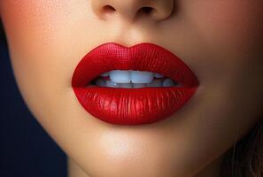 ai generato avvicinamento di donna di labbra con rosso rossetto foto