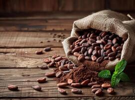 ai generato cacao fagioli nel tela ruvida Borsa su di legno tavolo foto