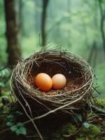 ai generato Due uova nel nido nel il foresta foto