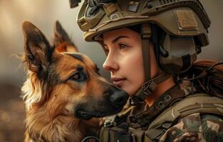 ai generato militare donna e sua cane foto