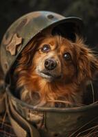 ai generato cane nel casco. un' cane è seduta su nel un' casco guardare a il telecamera foto