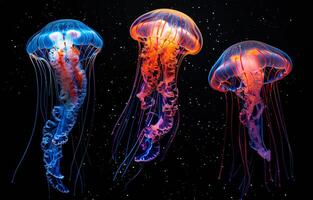 ai generato tre Medusa nuotare nel il buio oceano foto