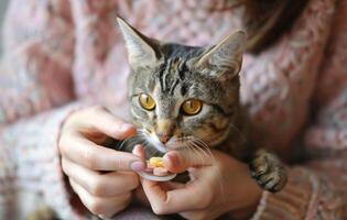 ai generato donna detiene gatto mentre dando esso pillola. vicino su di un' donna dando un' pillola per un' gatto foto