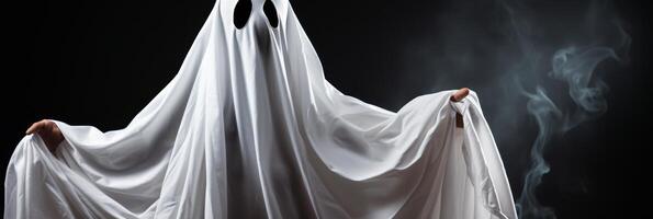 ai generato raccapricciante fantasma costume con copia spazio per Halloween concetto - persona coperto con bianca foglio foto