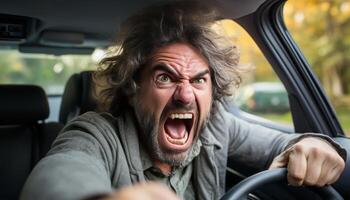 ai generato arrabbiato uomo urlando nel traffico mentre guida, sfocato bianca sfondo con copia spazio foto