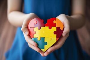 ai generato mondo autismo consapevolezza giorno concetto. bambino mani Tenere puzzle cuore, copia spazio foto