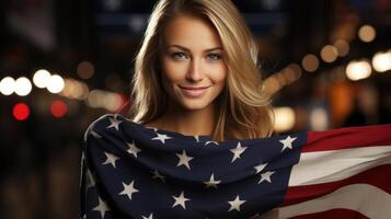 ai generato contento donna festeggiare 4 ° di luglio indipendenza giorno con americano bandiera nel il unito stati foto