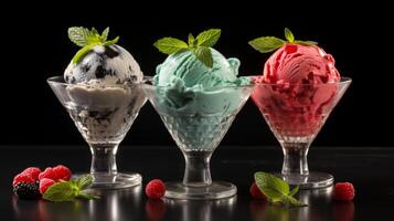 ai generato colorato ghiaccio crema dolci con unico condimenti, visivamente attraente e pronto per essere goduto foto