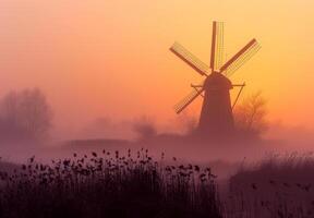 ai generato mulino a vento nel nebbioso primavera Alba. colorato paesaggio con vecchio mulino a vento nel polder paesaggio foto