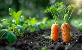 ai generato fresco biologico carote in crescita su il terra nel giardino foto