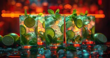 ai generato freddo cocktail Mojito e lime con menta e ghiaccio su il bar foto