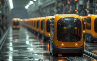 ai generato giallo elettrico se stesso guida navette su il metropolitana stazione. foto