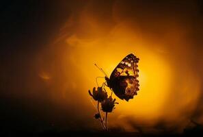 ai generato farfalla su fiore nel il raggi di il ambientazione sole foto