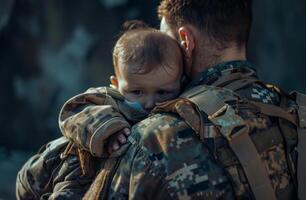 ai generato soldato con bambino nel il suo braccia. un' militare uomo e il suo figlio foto