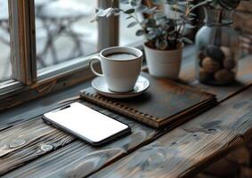 ai generato tazza di caffè smartphone e taccuino su di legno tavolo foto