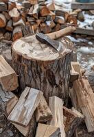 ai generato ascia incollato nel di legno ceppo su mucchio di legna da ardere foto