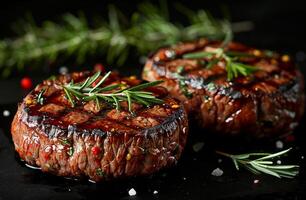 ai generato Due Manzo tortini con erbe aromatiche sedersi su alcuni nero terra foto