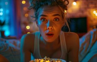 ai generato sorpreso giovane donna dire bugie su il letto e mangiare Popcorn mentre Guardando orrore film a casa foto