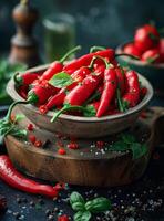 ai generato rosso caldo chili peperoni nel ciotola foto