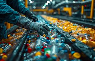 ai generato lavoratore ordina plastica bottiglie su trasportatore cintura a raccolta differenziata facilità. foto