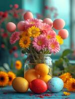 ai generato colorato Pasqua uova e rosa fiori nel bicchiere vaso su blu di legno sfondo. un' mazzo di colorato uova nel bicchieri foto