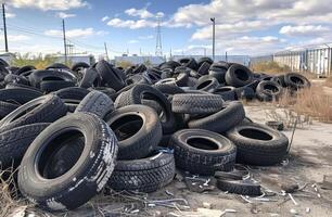 ai generato vecchio pneumatici scaricati nel discarica. un' mucchio di vecchio pneumatici a un industriale luogo foto