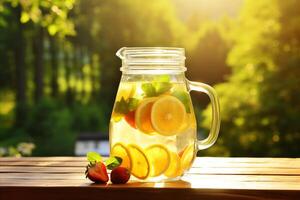 ai generato rinfrescante limonata brocca con fresco frutti di bosco e affettato limoni - estate bevanda per caldo giorni e parti foto