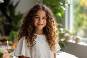 ai generato bellissimo ragazza con Riccio capelli guardare a il telecamera e sorridente, naturale bellezza ritratto foto