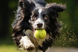 ai generato vivace confine collie godendo un' divertimento tennis palla gioco, aggiungendo umorismo e giocosità foto